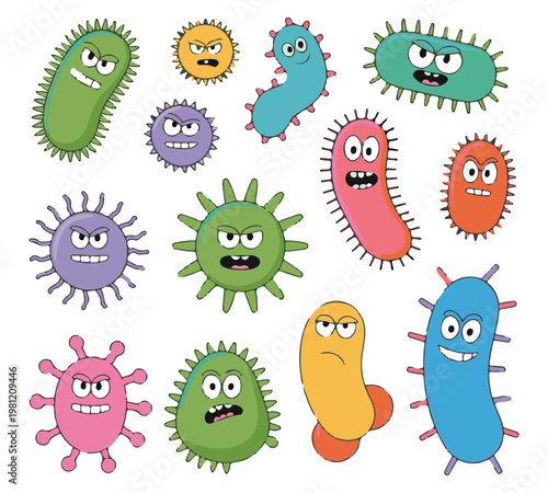 Collection of funny cartoon microbes and bacteria with expressive faces