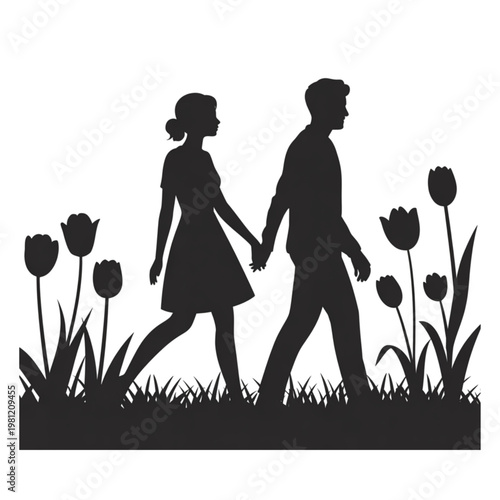 Romantic couple holding hands walking in tulip garden silhouette vector isolated on white background