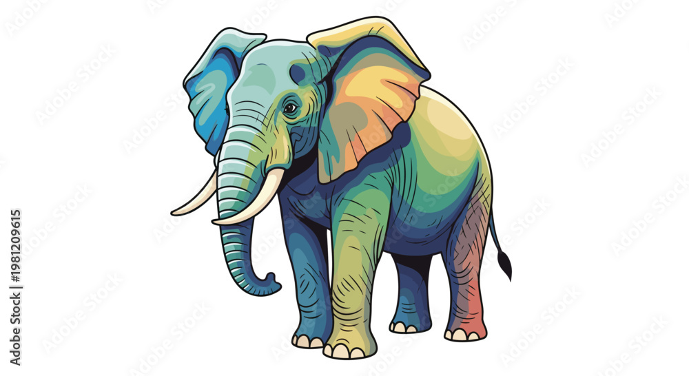 Fototapeta premium Whimsical and vibrant cartoon elephant with an array of colorful hues, depicted standing gracefully with tusks, capturing a friendly and artistic impression.