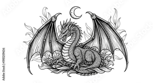 Detailed illustration of a dragon with wings and a crescent moon graphic