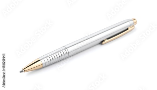 Silver pen w/ gold trim sits diagonally on a white background, creating a gentle shadow. Fine details visible