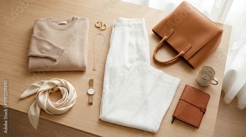 A stylish and organized arrangement of fashion items on a wooden table including a white skirt and tan accessories