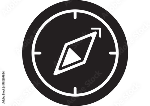 Compass navigation icon with white outline and directional arrow on black background featuring symbol, guidance, orientation with map and location