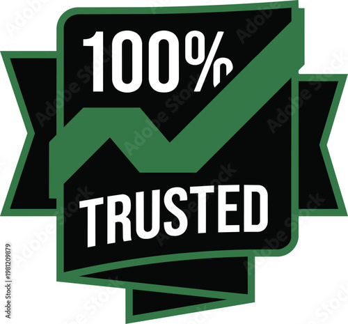 Black ribbon banner with green check and 100% trusted text
