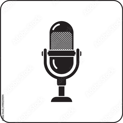 Microphone icon with black silhouette on white background for broadcasting or recording featuring audio equipment, sound equipment, music instrument