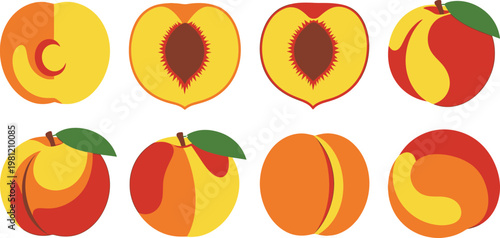 Colorful cross-sections and whole views of peaches in various orientations