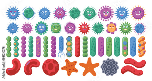 Cute Cartoon Microbes and Bacteria Character Set
