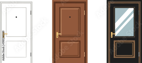 Three different styles of interior wooden doors shown side by side Vector