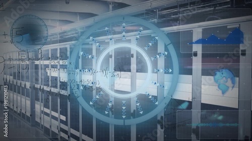 Central blue HUD appearing over racks, pulsing, rotating, adding widgets and equations mapping flow