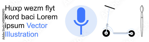 Communication tools, mobility solutions, creative tools, digital technology, art concepts, modern design. Microphone icon, scooter outline and paintbrush image. Communication tools and mobility