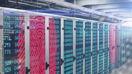 Camera starting right pan revealing racks with scrolling numbers and print overlays for data flow