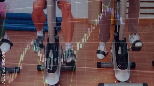 Three riders pedaling on gym bikes, market charts appearing after start visualizing performance