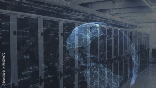 3D globe appearing, growing and spinning while rack LEDs pulsing, camera panning to show network