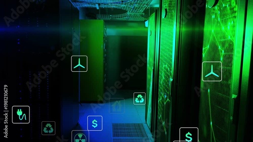 Power plug icon appearing, right panel emitting green glyphs floating and fading to show power data