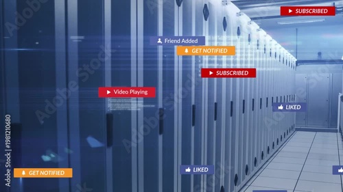 Server corridor showing alert flood after cursor clicking badges floating fading showing engagement