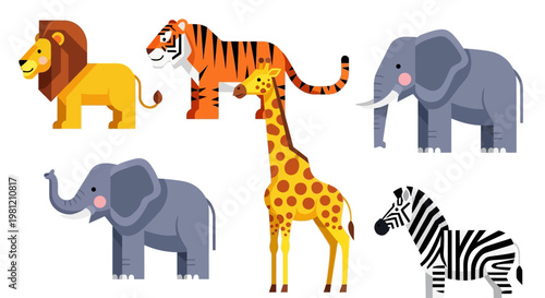 A cute cartoon illustration of a wild zebra and a tall giraffe isolated on a white background, featuring fun wildlife animals from the safari jungle in a flat vector style