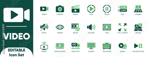 Video icon set. cinema, live, television, player, film, media, editing, play, volume, screen, and icon collection.