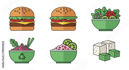 Set of Easter eggs and flowers featuring cartoon vector icons of breakfast cake and fast food snacks isolated for a restaurant menu illustration
