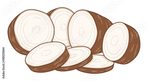 Pile of sliced cassava roots, revealing their starchy white interior and brown skin, a versatile tuber used in various global cuisines.