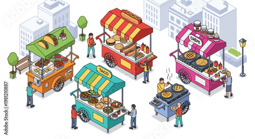 A colorful vector illustration of a city street featuring a cartoon transport set with a train, school bus, and taxi traveling past a toy shop and market on a stylized urban road