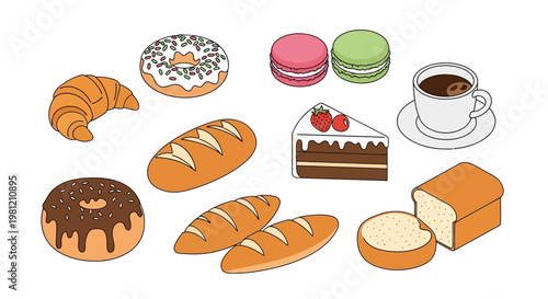 A collection of isolated vector icons featuring a set of different sweets, chocolate candy, bakery bread, and pastry desserts like donuts and cupcakes