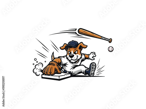 A cartoon dog in a baseball uniform sliding into home plate quickly.eps