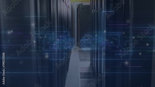 Aisle moving in datacenter circuit overlay appearing and brightening to show data flow showing LEDs