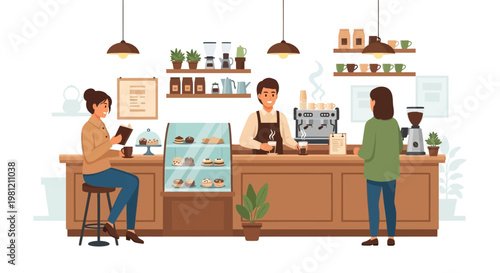 A diverse group including a businessman in an office and a mother with children in a cafe features in this vector cartoon illustration of people in the shop and school room