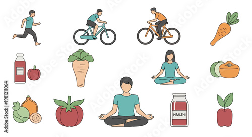 Cartoon illustration of a set of vegetables and fruits riding a bicycle in a mountain bike race design vector icon