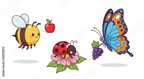 A cute cartoon vector illustration of a ladybug and ladybird on a floral spring leaf with a summer beetle and butterfly in a nature art design