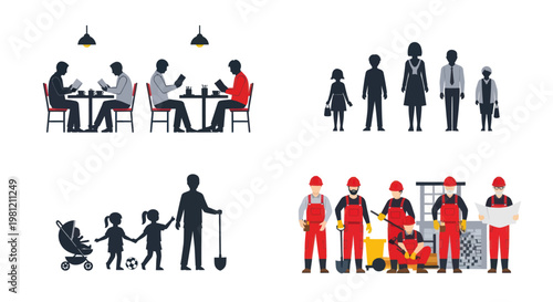 Diverse groups of people engaged in everyday life and various professional roles.