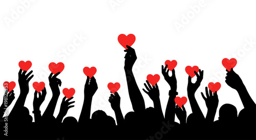 Silhouettes of people's hands raising red hearts against a white background.