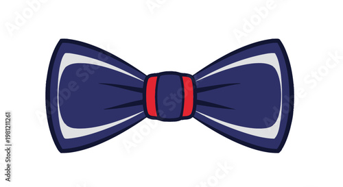 Stylish navy blue bow tie with red and white accents on a white background.