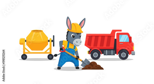 A friendly cartoon donkey works hard at a construction site with a mixer and dump truck.