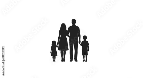 Silhouette of a happy family of four standing together and holding hands.