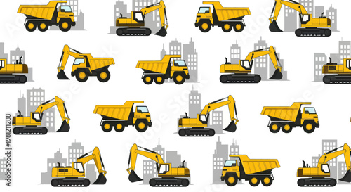 Seamless pattern of yellow construction vehicles with city building silhouettes