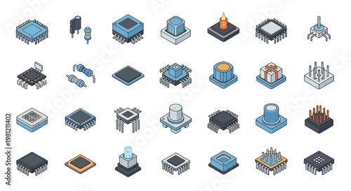 Set of electronic components and computer chips in isometric view