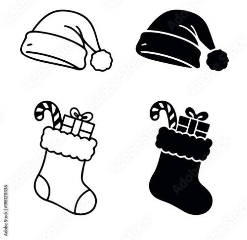 Christmas icon set with Santa hats and stockings filled with gifts in outline and solid styles