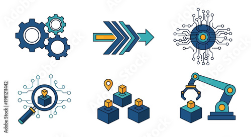 Set of icons representing technology, data, and automation concepts.