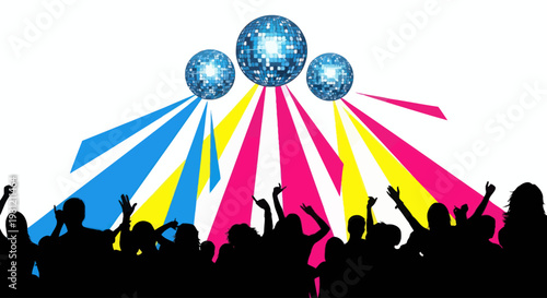 Silhouettes of people dancing at a disco party with colorful light rays.