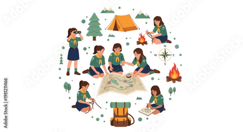 Girl scouts character set engaged in various camping and outdoor adventure activities.