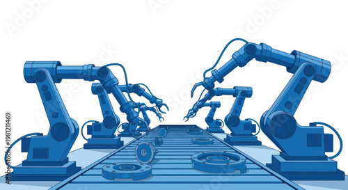 Automated robotic arms on an industrial assembly line in a blue factory illustration.