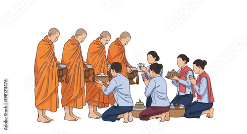 Illustration of Buddhist monks receiving food offerings from people for merit making on white