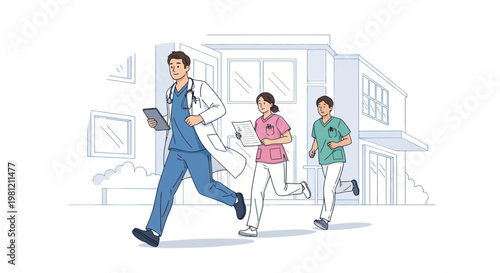 Medical team of doctors and nurses running to an emergency in front of a hospital building