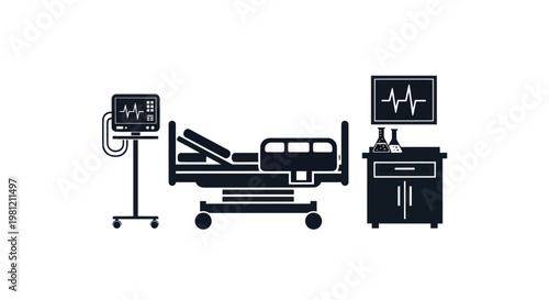 Hospital room equipment icons with bed and heart monitor