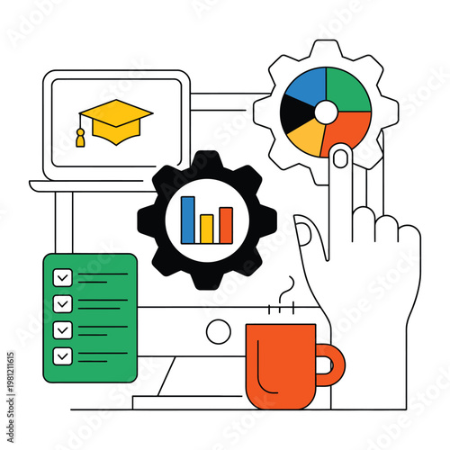 Black silhouette of a person using a tablet with a checklist and a pie chart