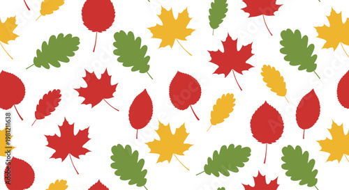 Autumn leaves seamless pattern in red, yellow, and green colors.