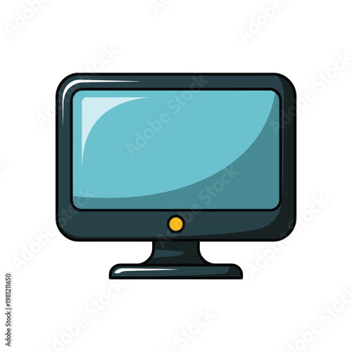 Blue cartoon computer monitor with yellow power button on black desk