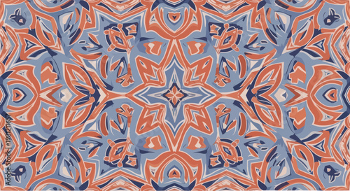 Abstract seamless pattern with geometric kaleidoscope design in blue and orange