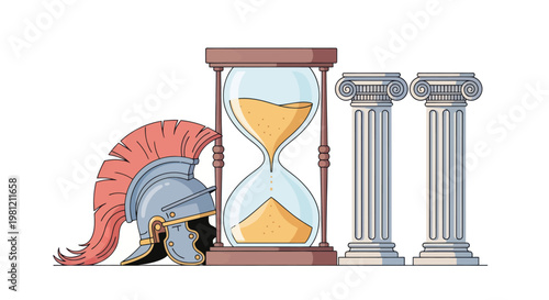 Ancient Roman history and the passage of time concept with helmet, hourglass, and columns.